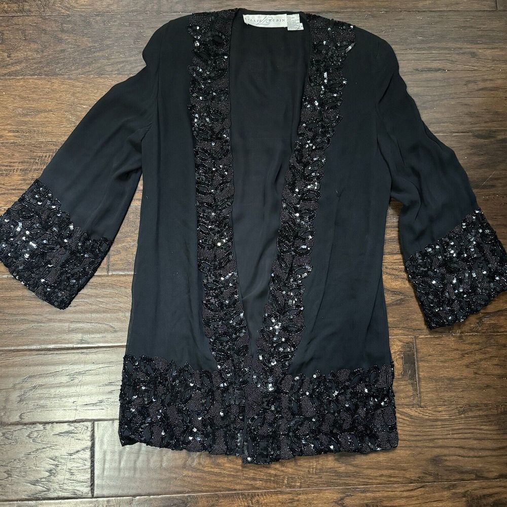 Vtg Lillie Rubin Blazer Womens M Black Silk Beaded Sparkle Jacket City Girl